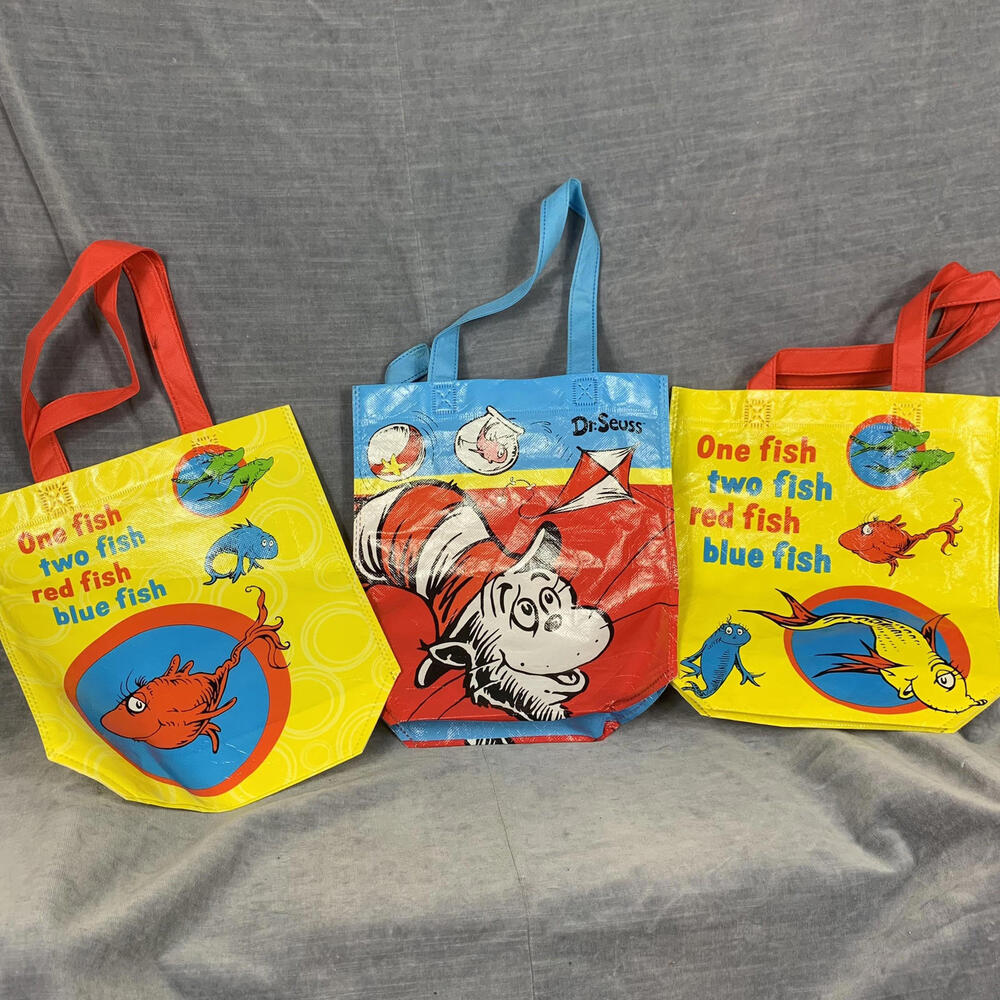 Dr. Seuss Small Reusable Shopper Tote Bags Lot Of 3 One Fish Two Fish Cat In Hat